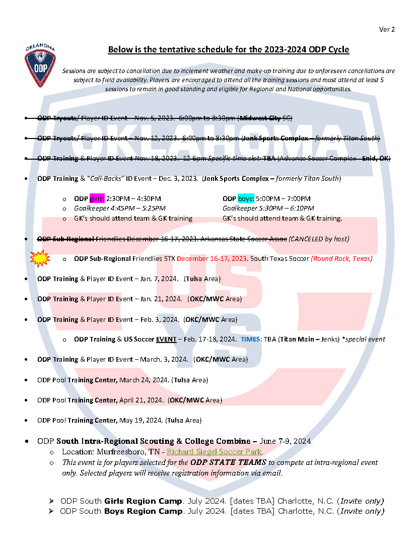 ODP Schedule USYS Oklahoma